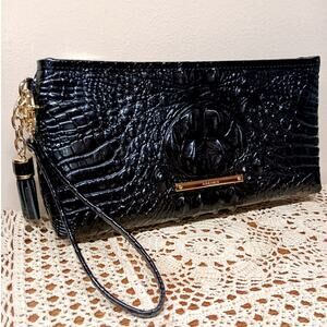 Brahmin Black Classic Kayla Leather Wristlet Clutch with Tassel